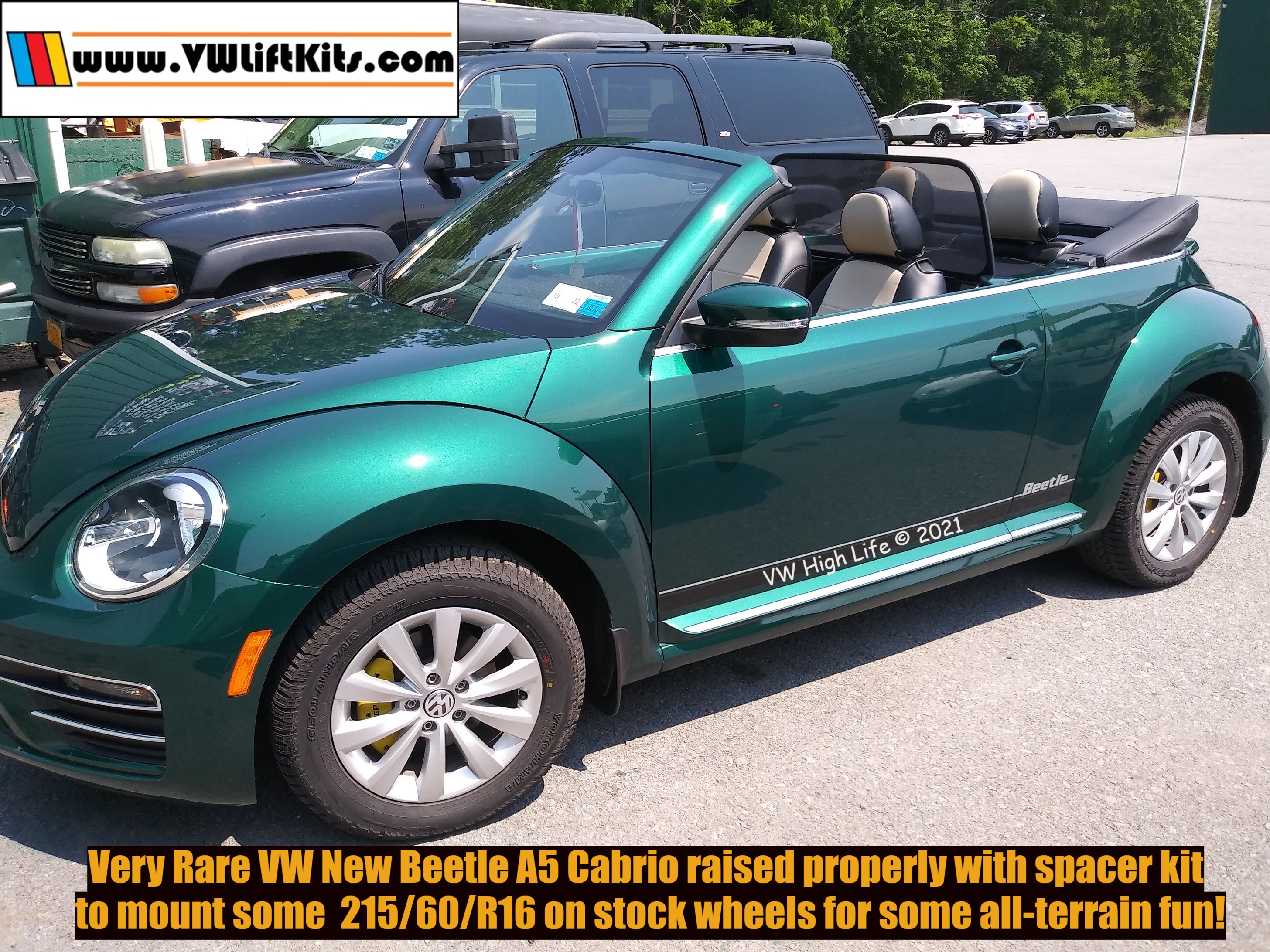 Rare VW New Beetle Convertible properly raised for more ground clearance with larger tires.